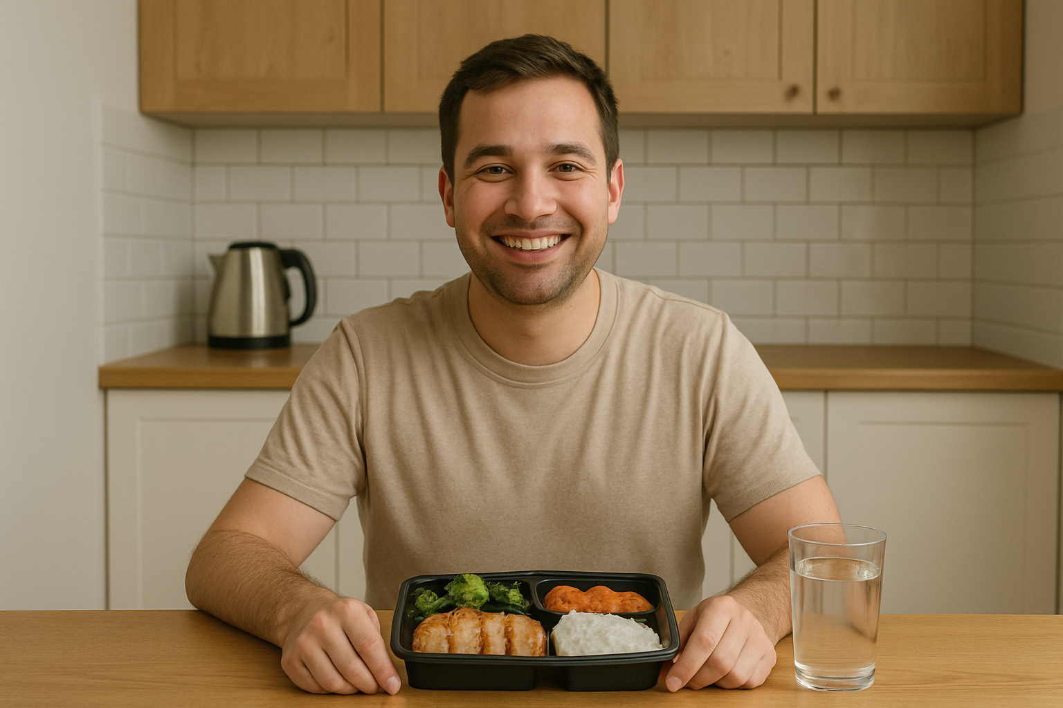 Depois: homem com marmita variada, feliz